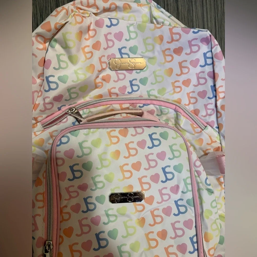 Jessica Simpson Pink Pastel Logo Full Size Backpack and Lunch Bag Set- NWT